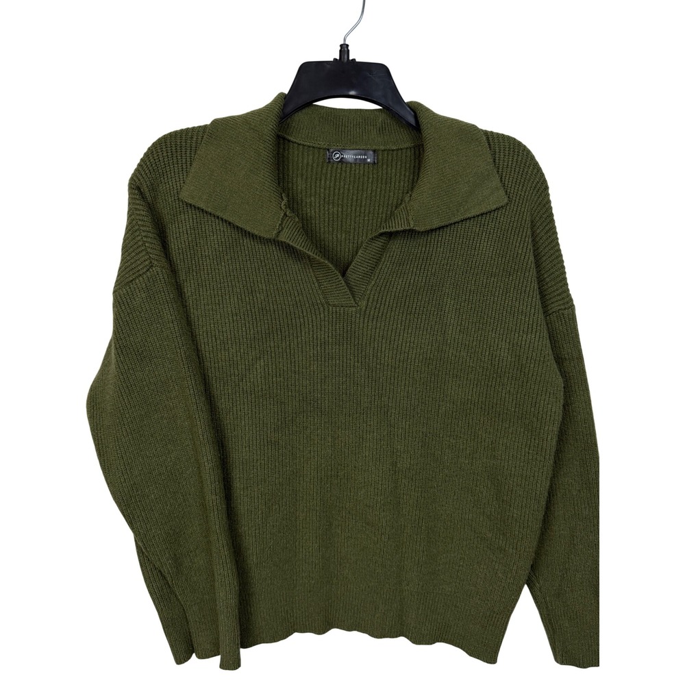 PRETTY GARDEN Women Sweater M Green Ribbed Knit V-Neck Spread Collar Pullover